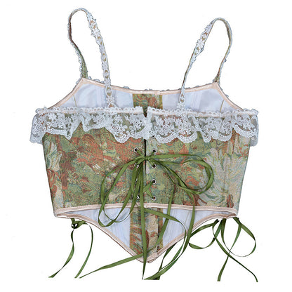 Renaissance Floral Oil Panting Pattern Jacquard Lace Corset Top - Golden Daisy