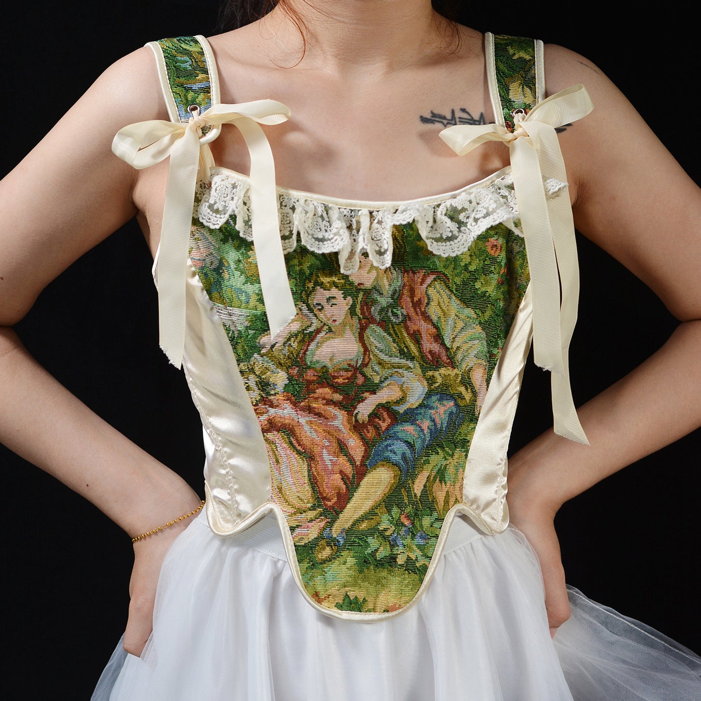 Renaissance Oil Panting Pattern Jacquard Lace Corset Top in Green