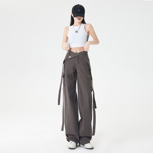 High Street Retro Strap Detail Cargo Utility Parachute Pants in Dark Grey