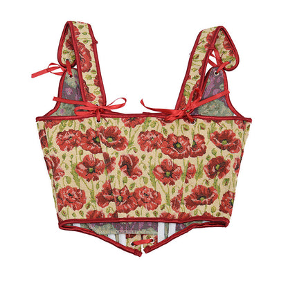 Renaissance Lace Up Floral Jacquard Corset Top - Red Poppy