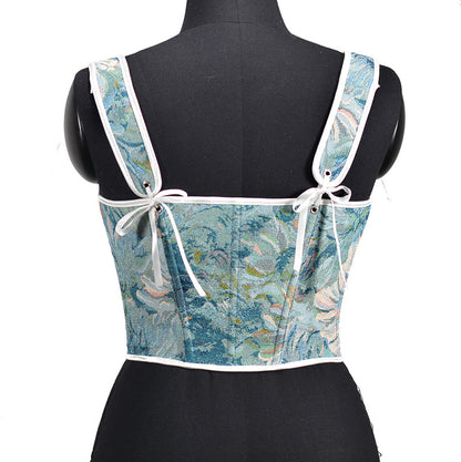 Renaissance Lace Up Floral Jacquard Corset Top - Blue Daisy