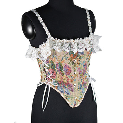 Renaissance Floral Jacquard Lace Corset Top in Black