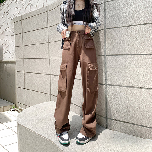 High Waist Pocket Detail Cargo Wide Leg Trousers in Brown