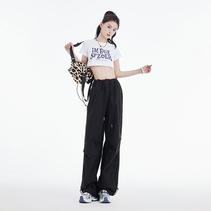 Retro Ruched Drawstring Waist Cargo Parachute Pants in Black