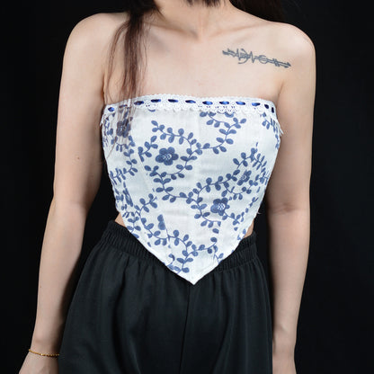 Renaissance Strapless Shirred Back Floral Jacquard Corset Crop Top - Blue Vines