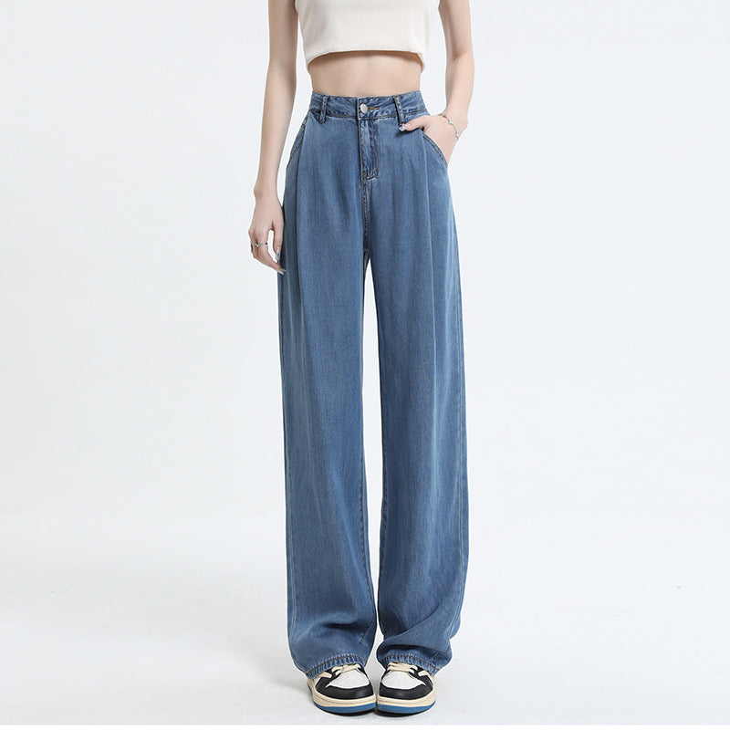 Summer High-waist Straight-leg Drape Silky Soft Jeans Wide-leg Trousers in Washed Blue - Denim Series