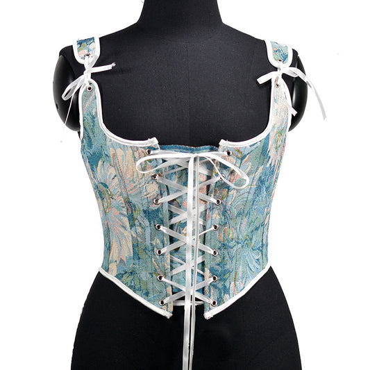 Renaissance Lace Up Floral Jacquard Corset Top - Blue Daisy