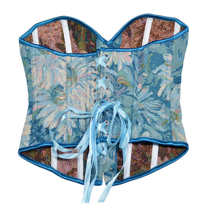 Retro Oil Panting Strapless Sweetheart Corset Bustier Top - Blue Daisy