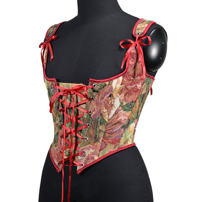 Renaissance Lace Up Floral Jacquard Corset Top - Rose Garden