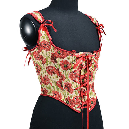 Renaissance Lace Up Floral Jacquard Corset Top - Red Poppy