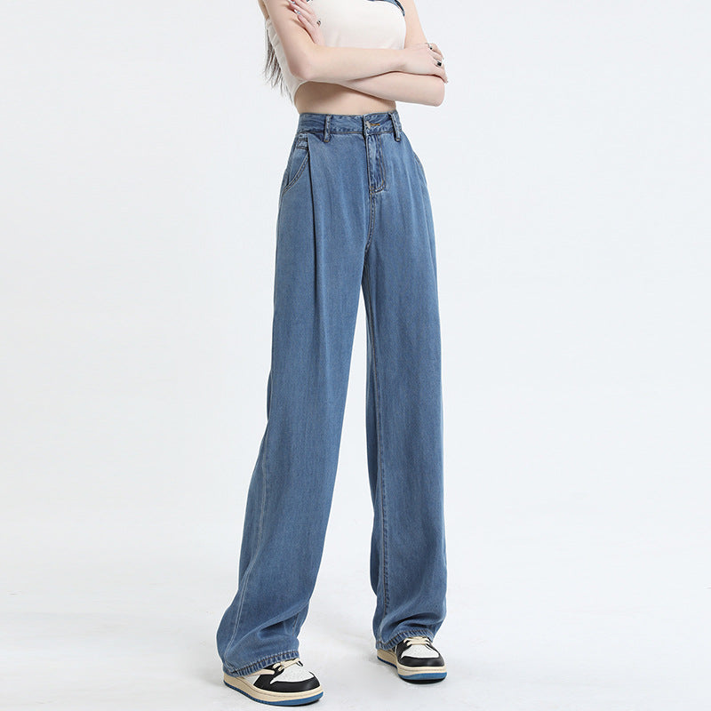 Summer High-waist Straight-leg Drape Silky Soft Jeans Wide-leg Trousers in Washed Blue - Denim Series