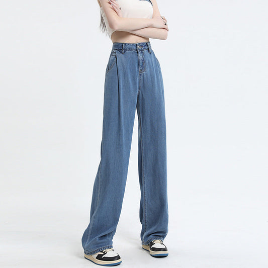 Summer High-waist Straight-leg Drape Silky Soft Jeans Wide-leg Trousers in Blue - Denim Series