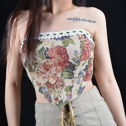 Renaissance Strapless Shirred Back Floral Jacquard Corset Crop Top - Rose