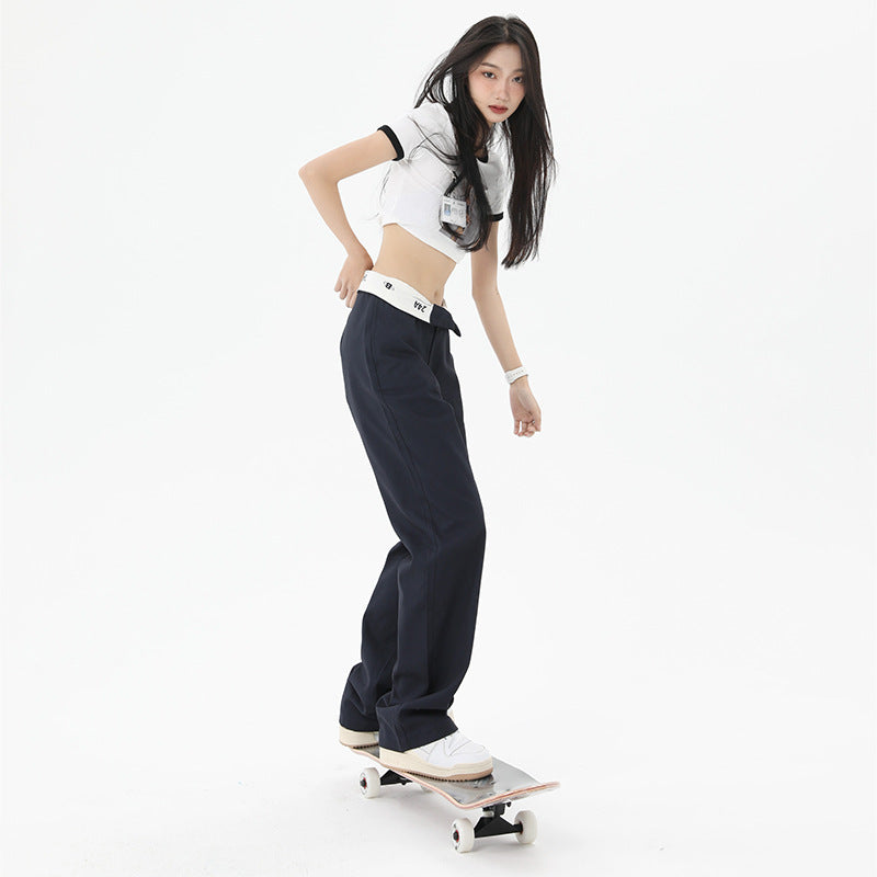 High Waist Flanging Waistband Design Straight-leg Cargo Trouser in Navy Blue