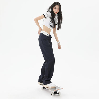 High Waist Flanging Waistband Design Straight-leg Cargo Trouser in Navy Blue