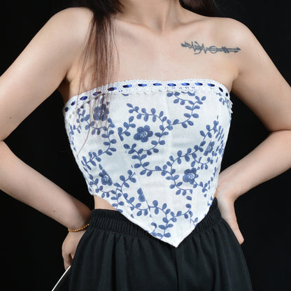 Renaissance Strapless Shirred Back Floral Jacquard Corset Crop Top - Blue Vines