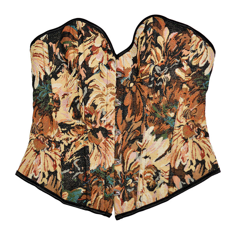 Retro Oil Panting Strapless Sweetheart Corset Bustier Top - Black Daisy