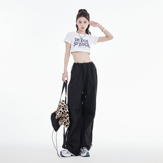 Retro Ruched Drawstring Waist Cargo Parachute Pants in Black