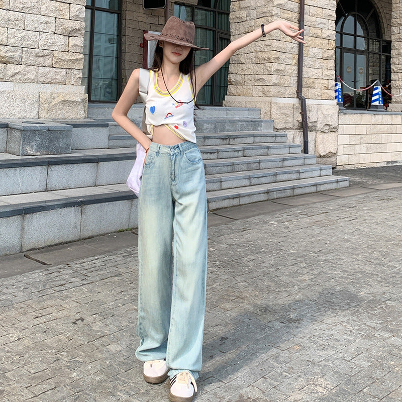 Summer High-waist Straight-leg Drape Silky Soft Jeans Wide-leg Trousers in Blue - Denim Series