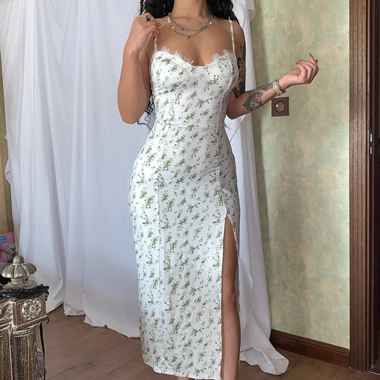 Countryside Summer Floral Print Midi Dress - Green Cottagecore