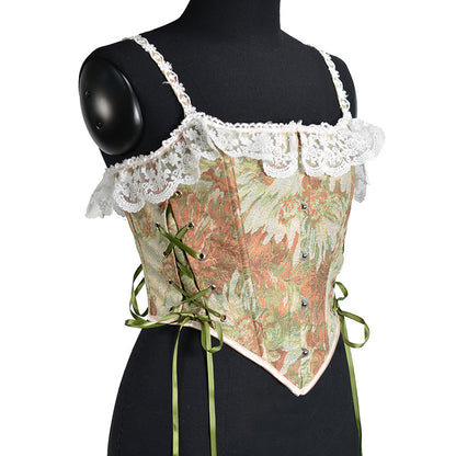 Renaissance Floral Oil Panting Pattern Jacquard Lace Corset Top - Golden Daisy