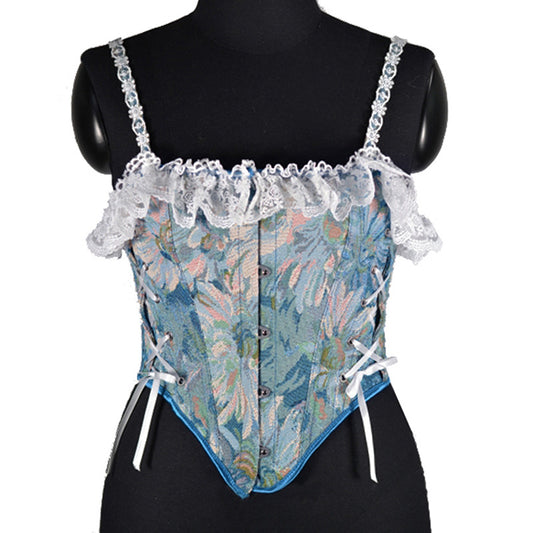 Renaissance Floral Oil Panting Pattern Jacquard Lace Corset Top - Blue Daisy