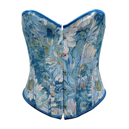 Retro Oil Panting Strapless Sweetheart Corset Bustier Top - Blue Daisy