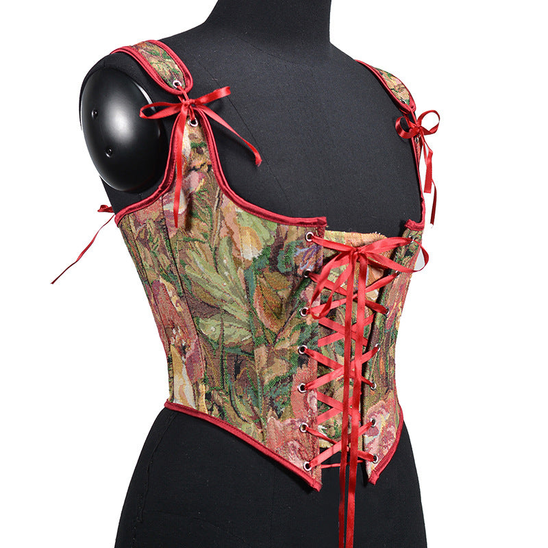 Renaissance Lace Up Floral Jacquard Corset Top - Rose Garden