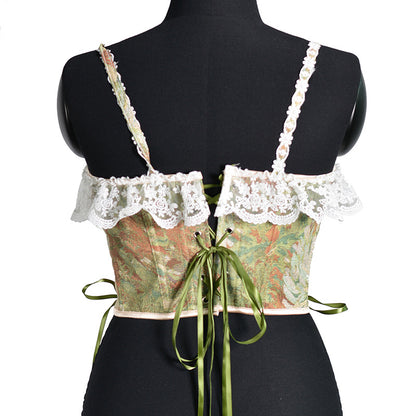 Renaissance Floral Oil Panting Pattern Jacquard Lace Corset Top - Golden Daisy