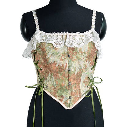 Renaissance Floral Oil Panting Pattern Jacquard Lace Corset Top - Golden Daisy