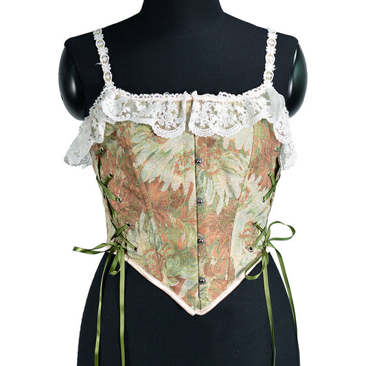 Renaissance Floral Oil Panting Pattern Jacquard Lace Corset Top - Golden Daisy