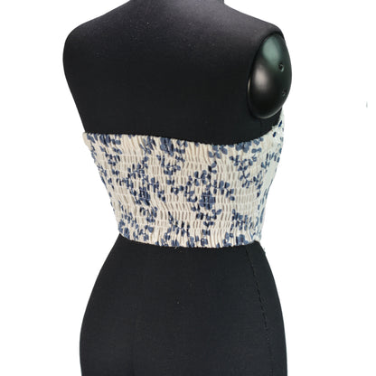 Renaissance Strapless Shirred Back Floral Jacquard Corset Crop Top - Blue Vines