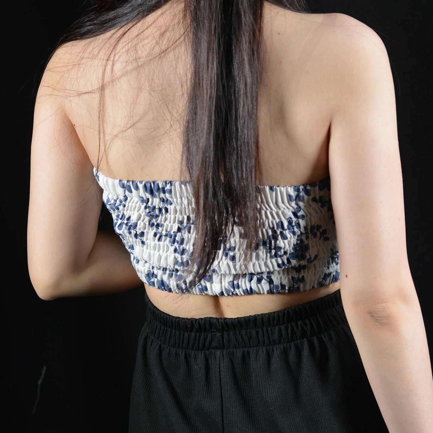 Renaissance Strapless Shirred Back Floral Jacquard Corset Crop Top - Blue Vines