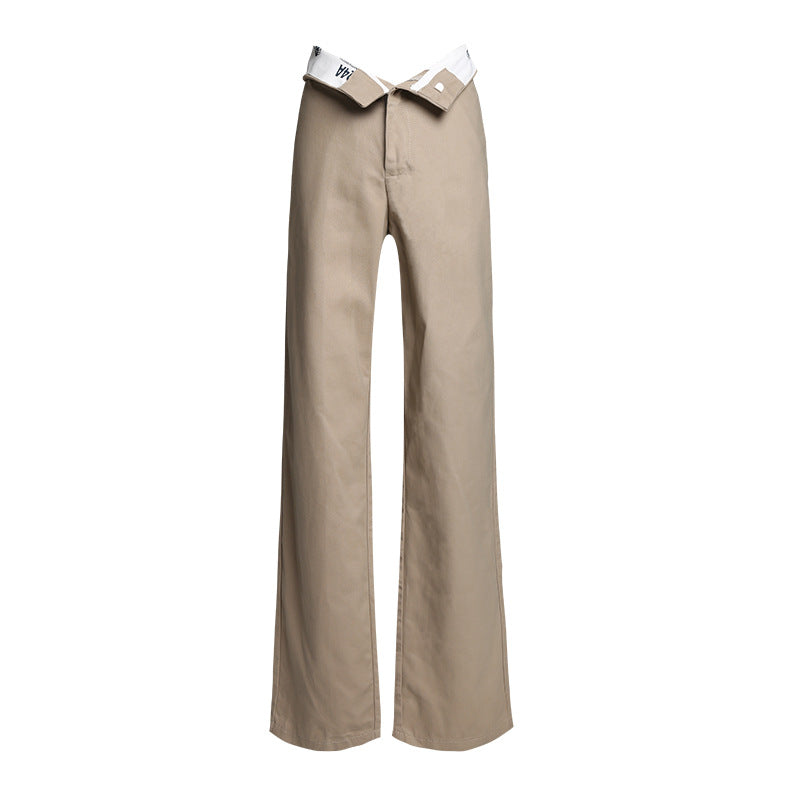 High Waist Flanging Waistband Design Straight-leg Cargo Trouser in Nude