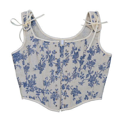 Renaissance Lace Up Floral Corset Top - Blue Iris