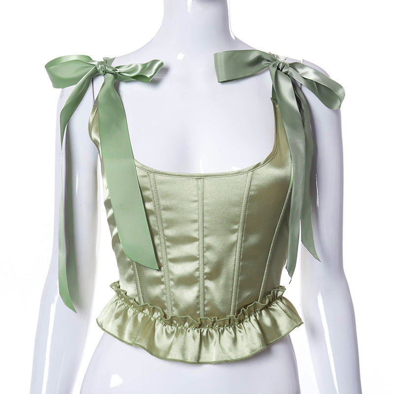 Renaissance Ruffled Satin Bustier Corset Top in Green