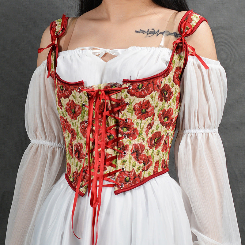 Renaissance Lace Up Floral Jacquard Corset Top - Red Poppy