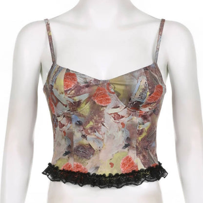 Spaghetti Strap Floral Print Corset Style Crop Top