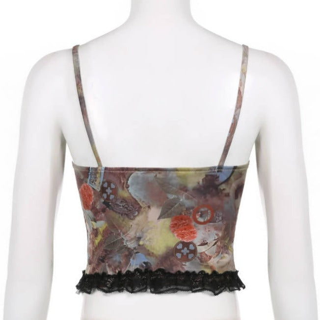 Spaghetti Strap Floral Print Corset Style Crop Top