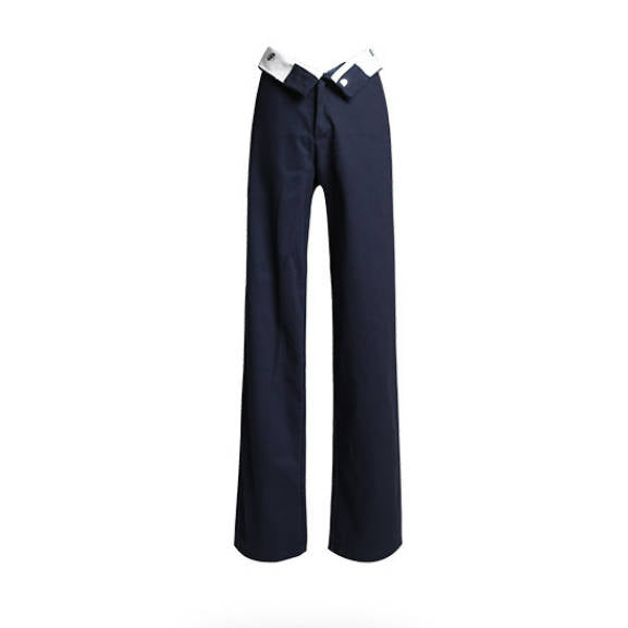 High Waist Flanging Waistband Design Straight-leg Cargo Trouser in Navy Blue