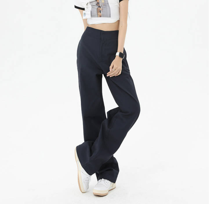 High Waist Flanging Waistband Design Straight-leg Cargo Trouser in Navy Blue