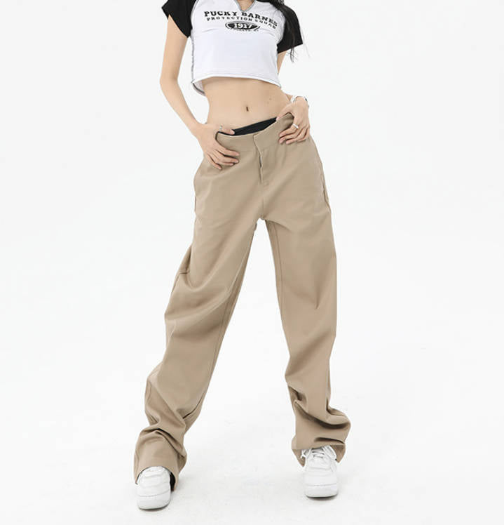 High Waist Flanging Waistband Design Straight-leg Cargo Trouser in Nude