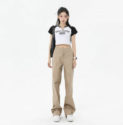 High Waist Flanging Waistband Design Straight-leg Cargo Trouser in Nude