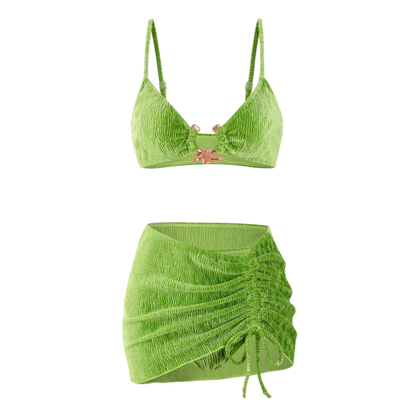 Textured Velvet Bikini Skirt 3Pc Set - Matcha Green