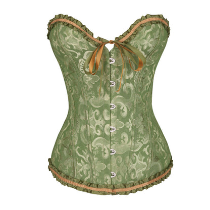 Retro Satin Obscure Jacquard Strapless Sweetheart Corset Bustier Top in Green