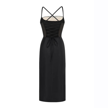 Mesh-Satin Panel Ruffle Bow Tie Corset Midi Dress in Black - Minuit à Paris