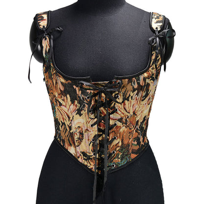 Renaissance Lace Up Floral Jacquard Corset Top - Black Daisy