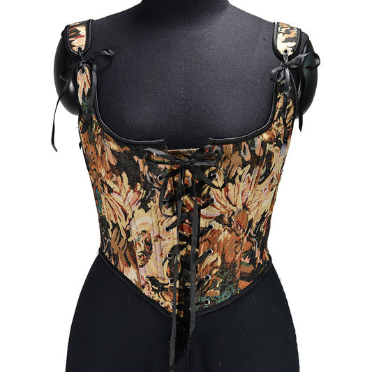 Renaissance Lace Up Floral Jacquard Corset Top - Black Daisy