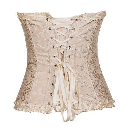 Retro Satin Obscure Jacquard Strapless Sweetheart Corset Bustier Top in Champagne