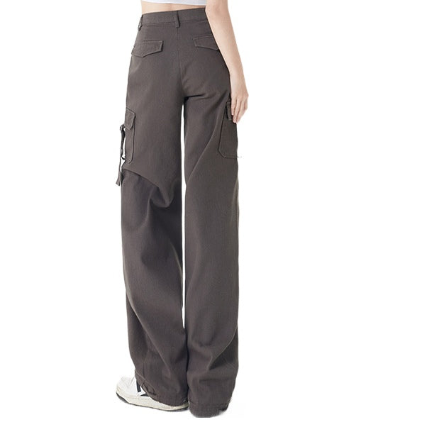 High Street Retro Strap Detail Cargo Utility Parachute Pants in Dark Grey